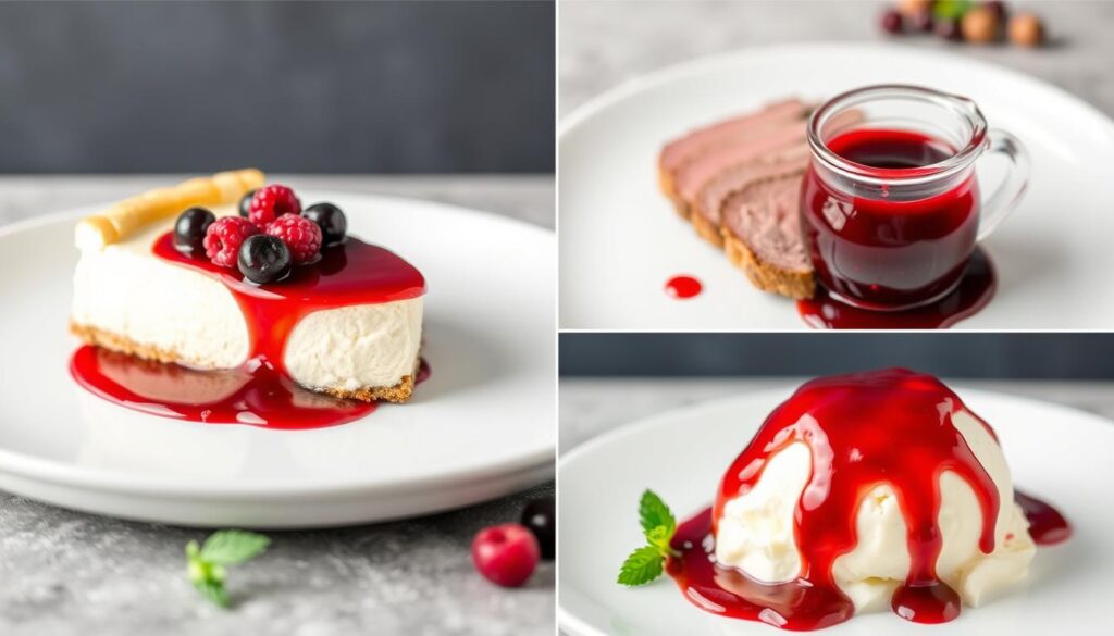 Différentes présentations de sauce aux fruits rouges