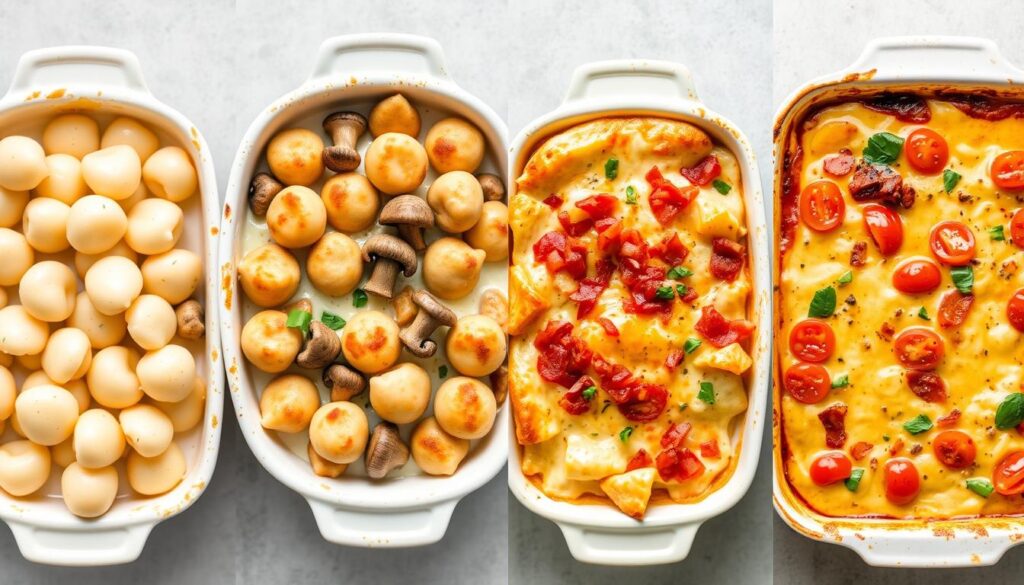 Différentes variantes de gratin de gnocchi crème présentées côte à côte