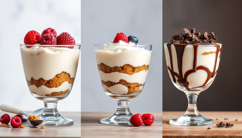 Différentes variations du tiramisu speculoos sans oeuf avec fruits rouges et chocolat