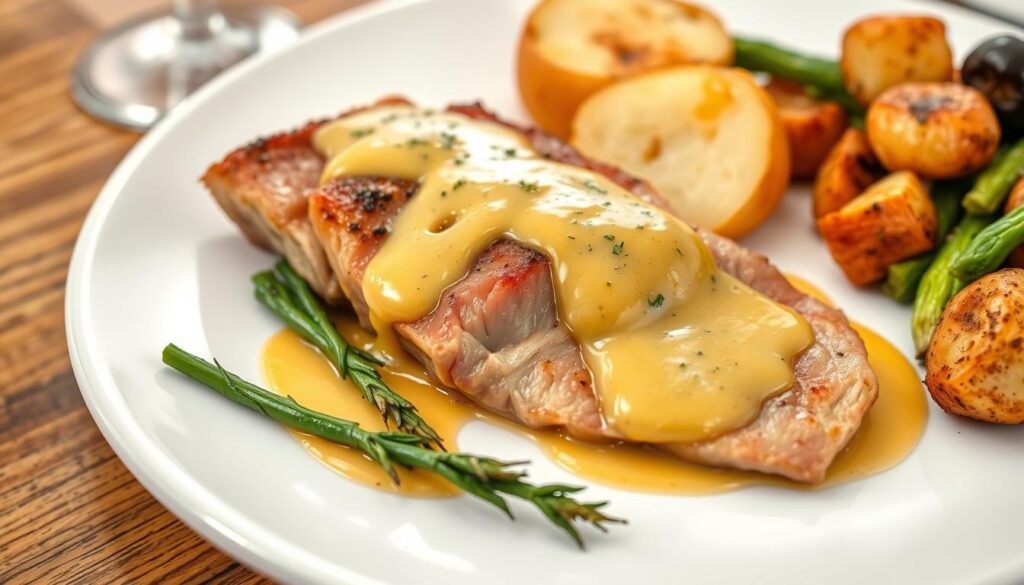 Escalope de veau nappée de sauce à la moutarde de Dijon servie avec des légumes