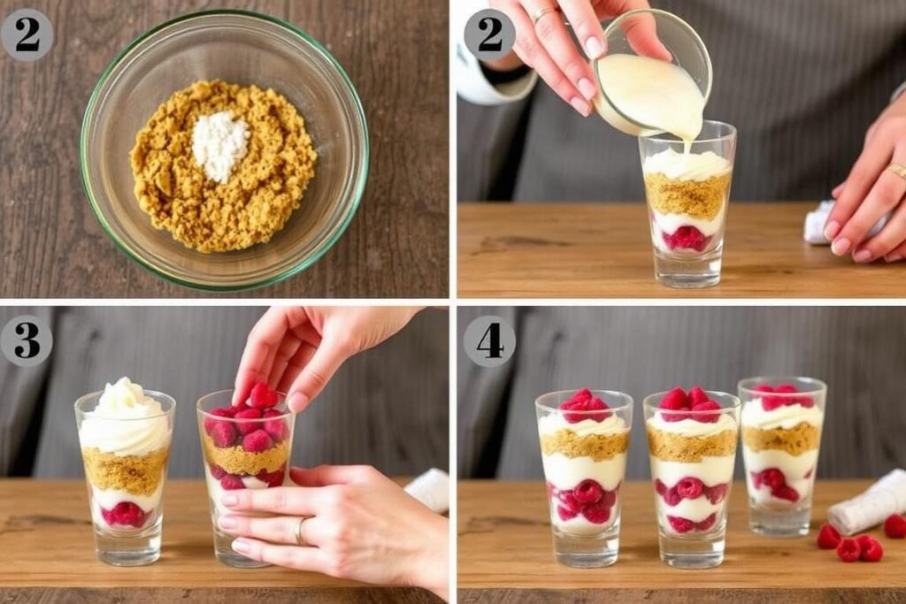 Étapes d'assemblage du tiramisu framboises speculoos dans des verrines