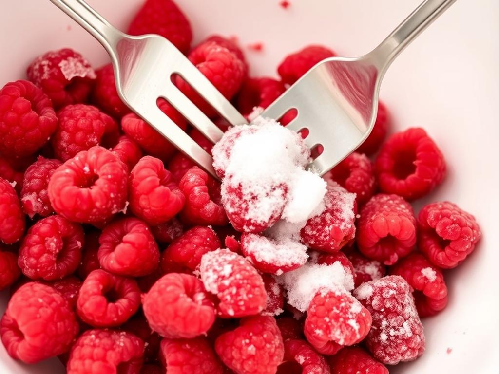 Framboises écrasées à la fourchette avec du sucre dans un bol