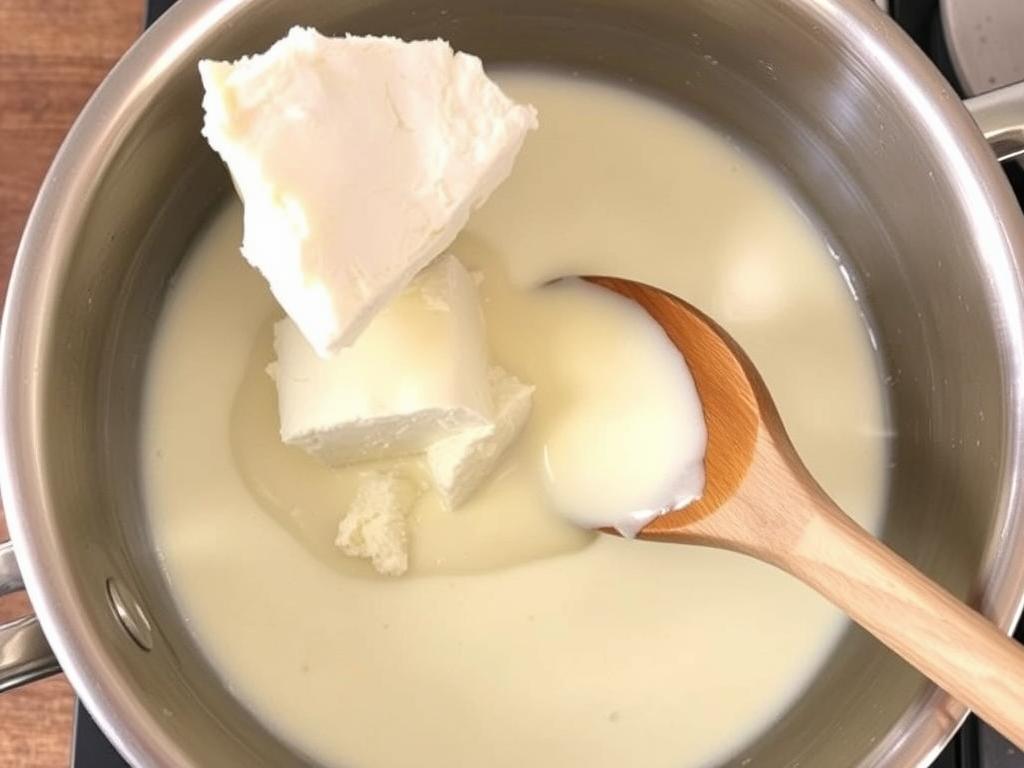 Fromage de brebis ajouté à la crème chaude et en train de fondre
