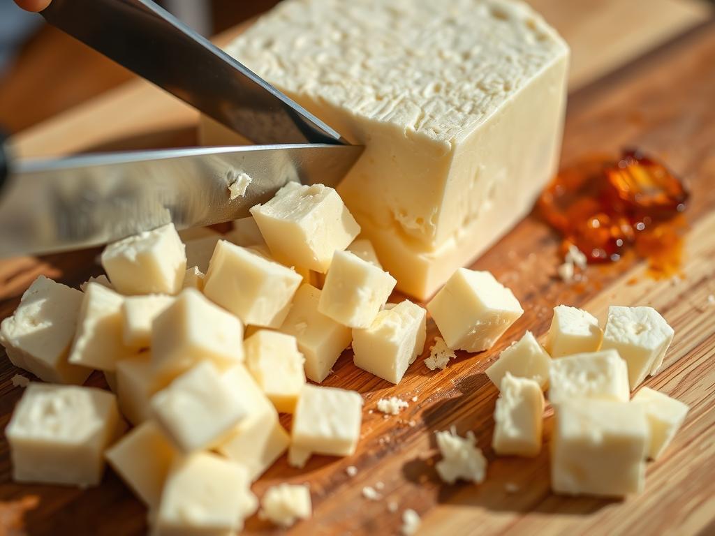 Fromage de brebis coupé en petits morceaux sur une planche à découper