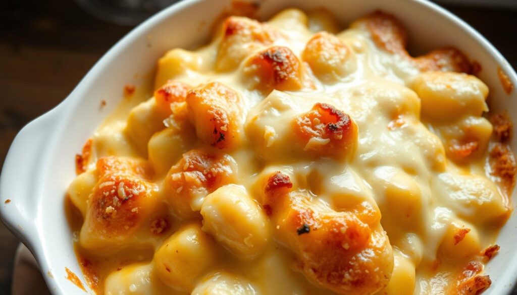 Gratin de gnocchi crème dans un plat à gratin, doré et fumant