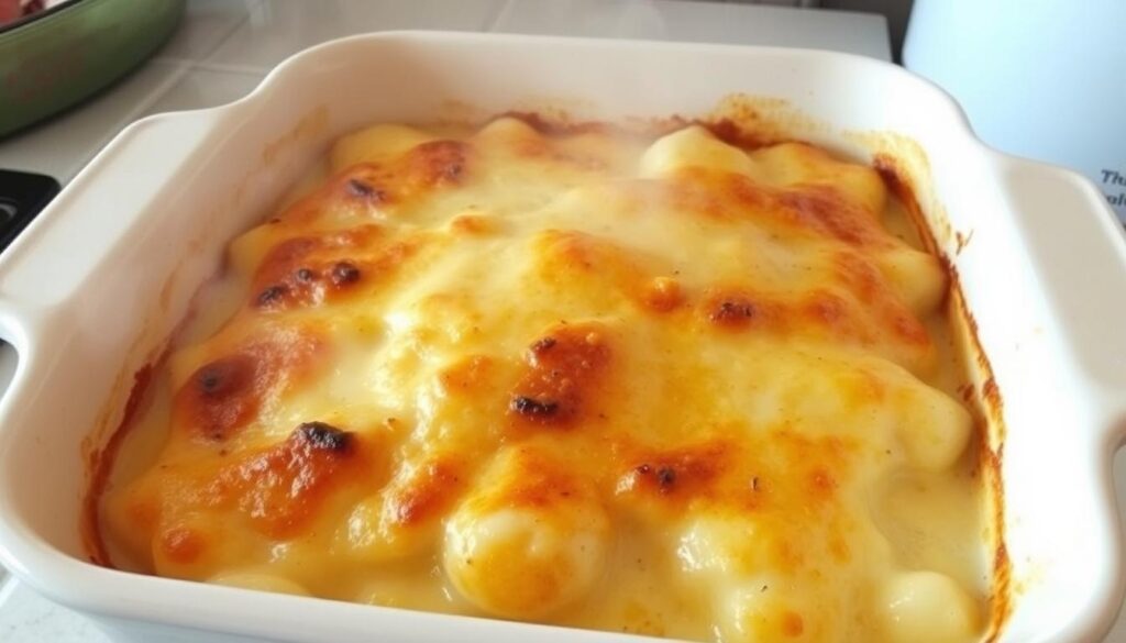 Gratin de gnocchi crème sortant du four, doré et bouillonnant