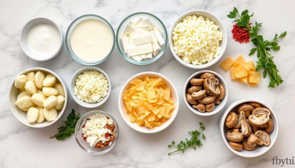 Ingrédients pour gratin de gnocchi crème disposés sur un plan de travail