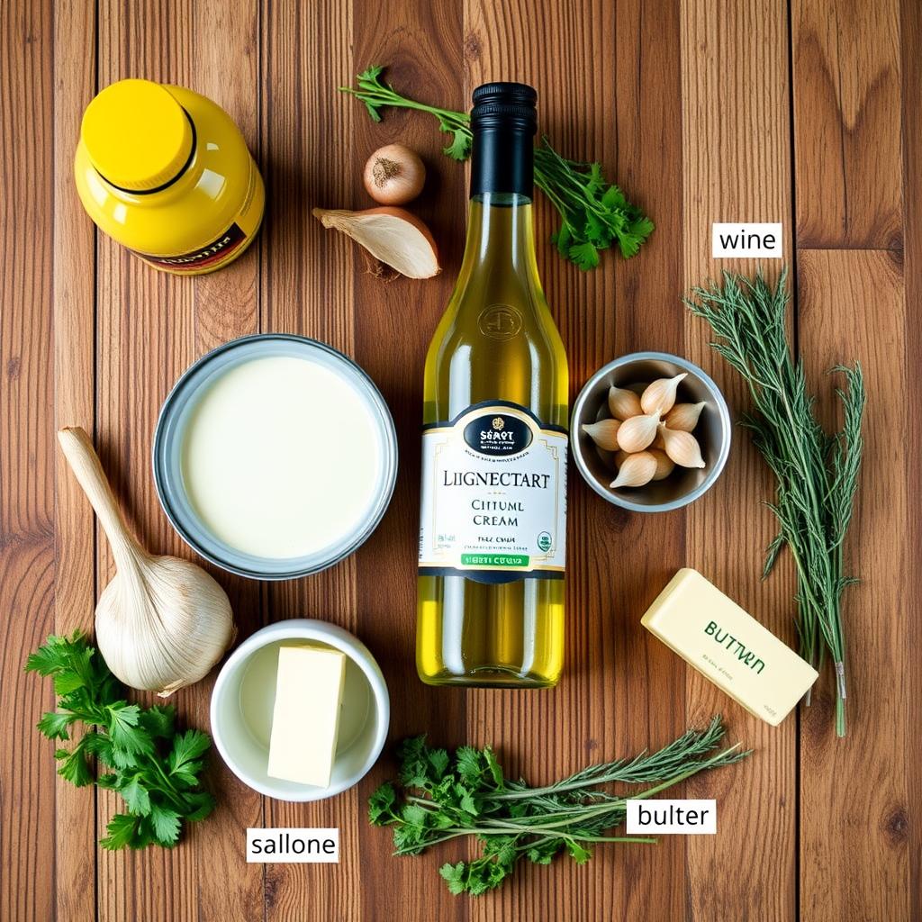 Ingrédients pour la recette de sauce à la moutarde de Dijon disposés sur une table