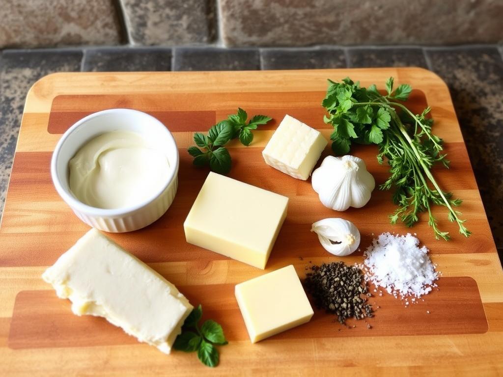 Ingrédients pour la recette de sauce au fromage de brebis disposés sur un plan de travail