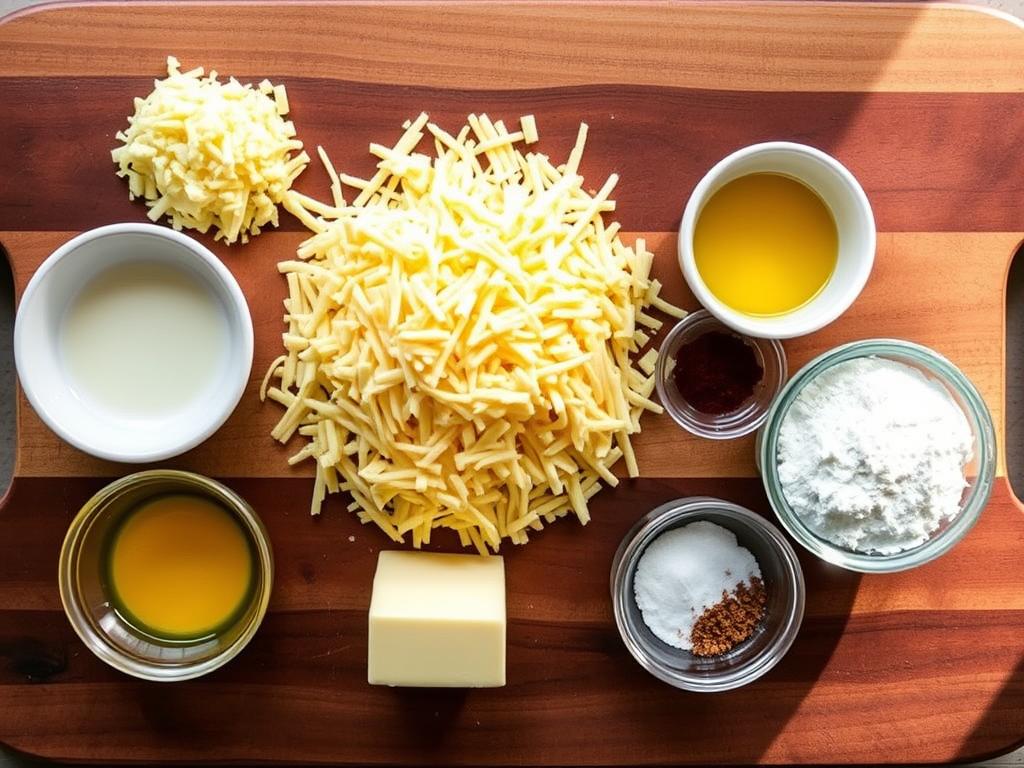 Ingrédients pour la recette de sauce au fromage râpé disposés sur un plan de travail
