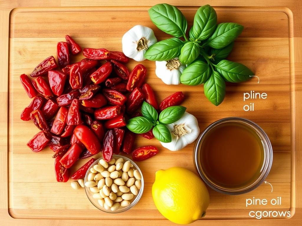 Ingrédients pour la recette de sauce aux tomates séchées disposés sur une planche à découper