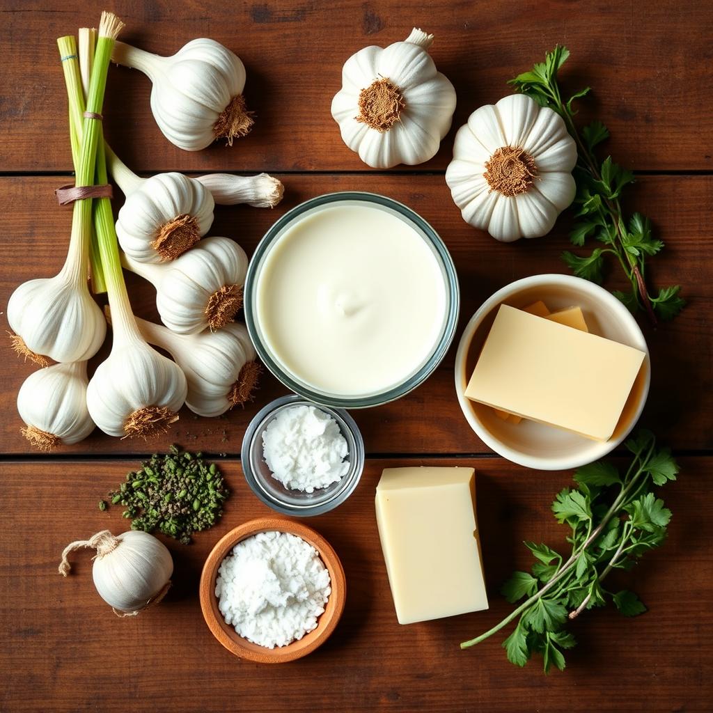 Ingrédients pour la recette de sauce crémeuse à l'ail disposés sur une table en bois