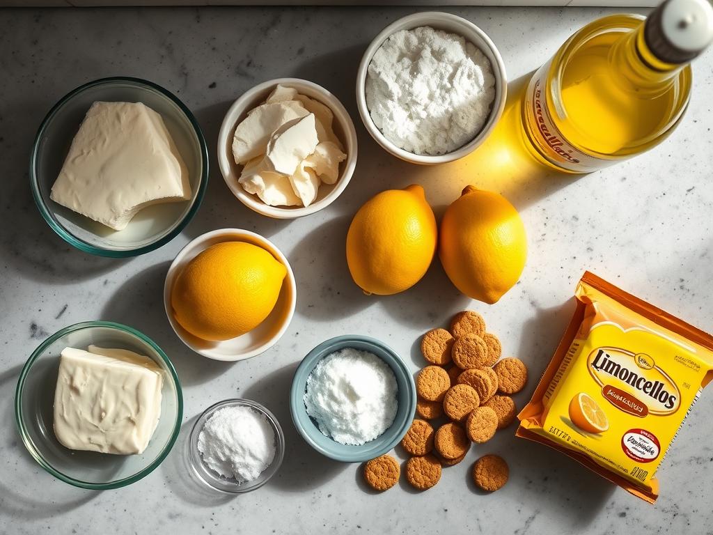 Ingrédients pour la recette de tiramisu citron speculoos disposés sur un plan de travail