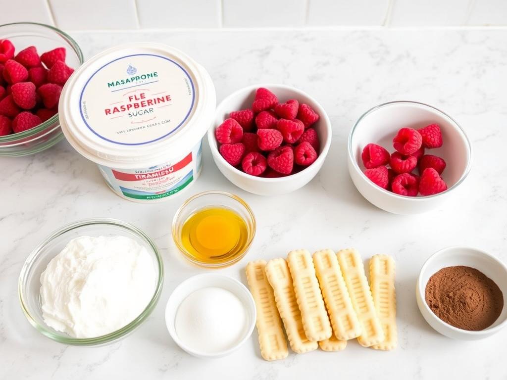 Ingrédients pour la recette de tiramisu framboise disposés sur un plan de travail