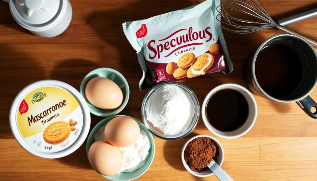 Ingrédients pour la recette de tiramisu speculoos mascarpone disposés Recette Tiramisu Speculoos Mascarpone l