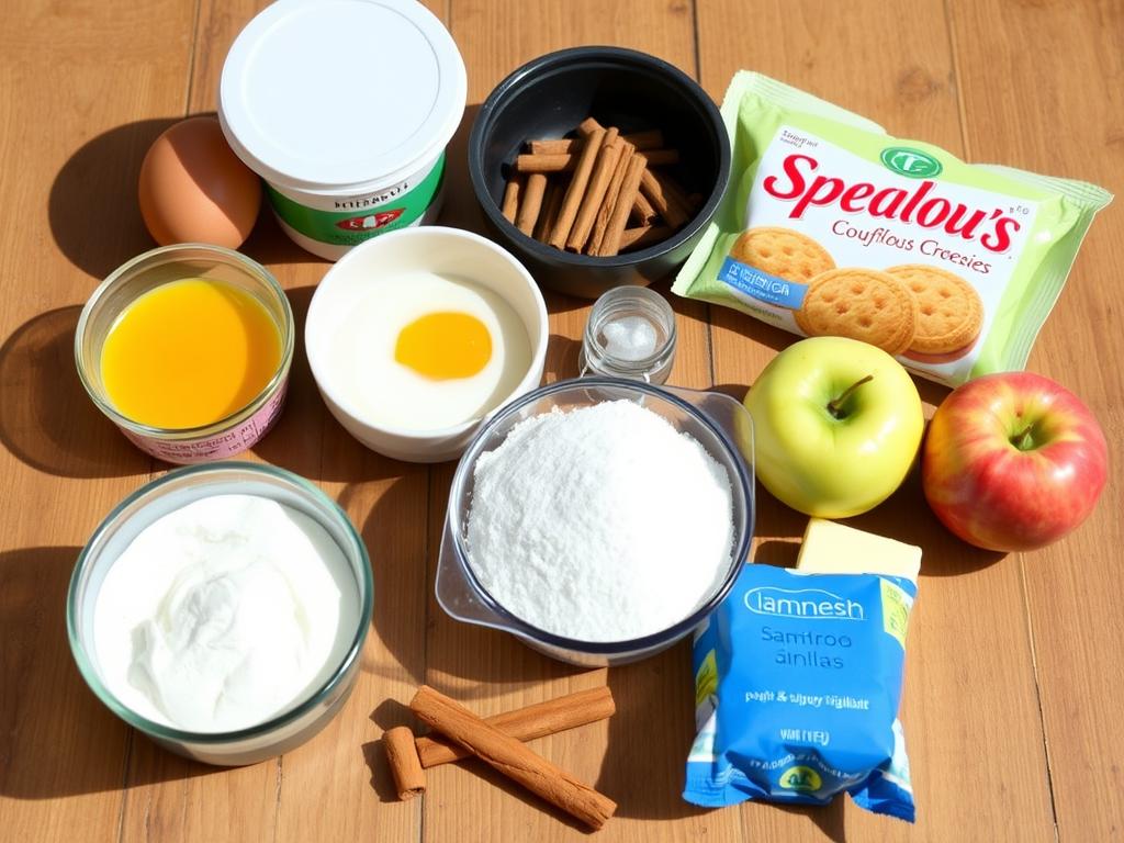 Ingrédients pour la recette de tiramisu speculoos pomme disposés sur un plan de travail