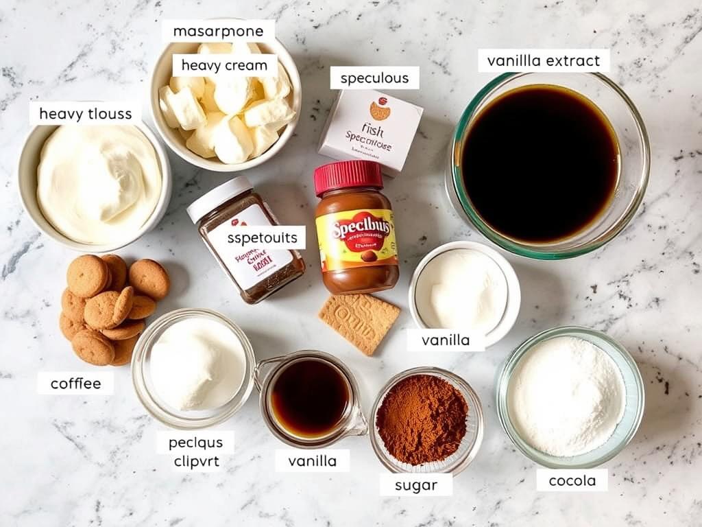 Ingrédients pour la recette de tiramisu speculoos sans oeuf disposés sur un plan de travail
