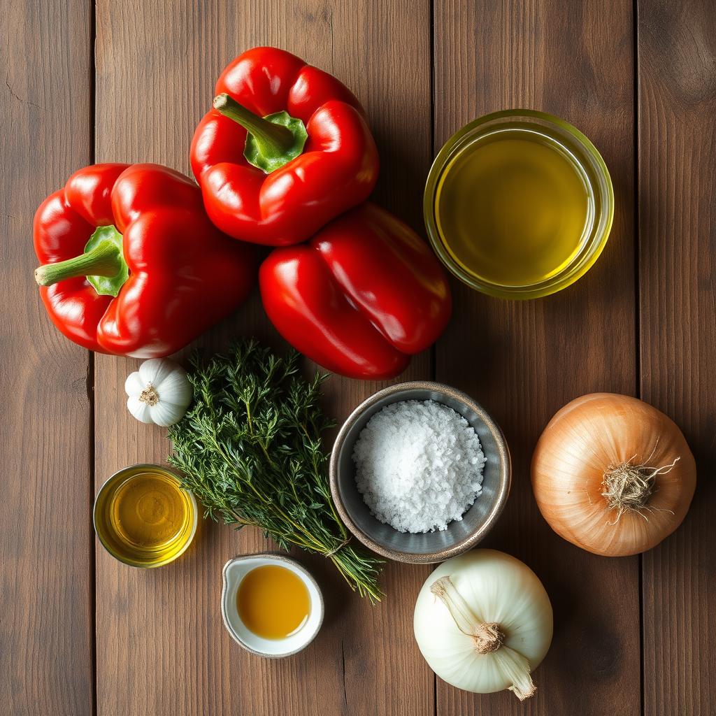 Ingrédients pour la sauce à la poivronnade disposés sur une table en bois