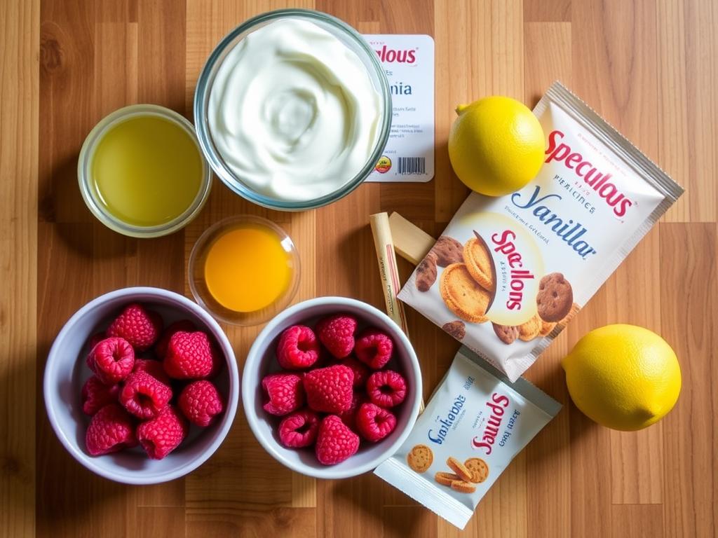 Ingrédients pour le tiramisu framboises speculoos disposés sur un plan de travail