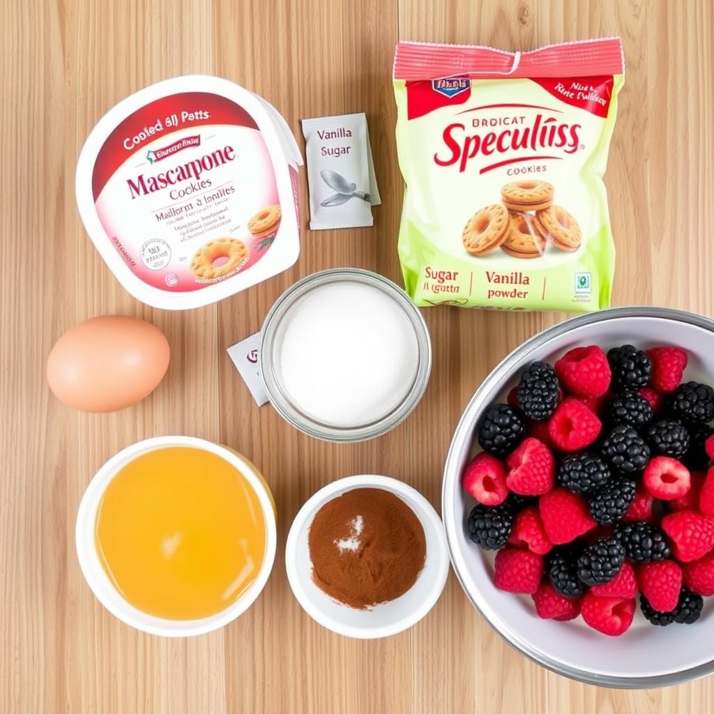 Ingrédients pour le tiramisu speculoos fruits rouges disposés sur un plan de travail