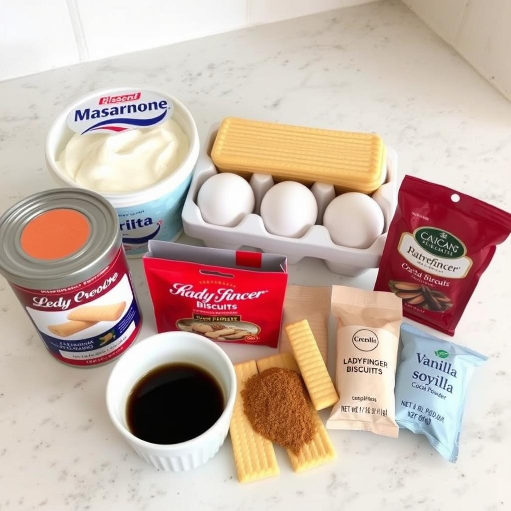 Ingrédients pour recette tiramisu facile et rapide disposés sur un plan de travail
