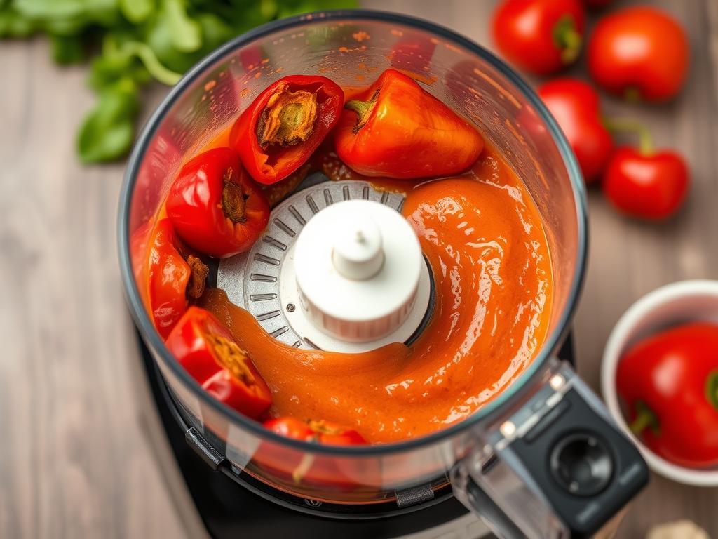 Mixage de la sauce à la poivronnade dans un robot culinaire