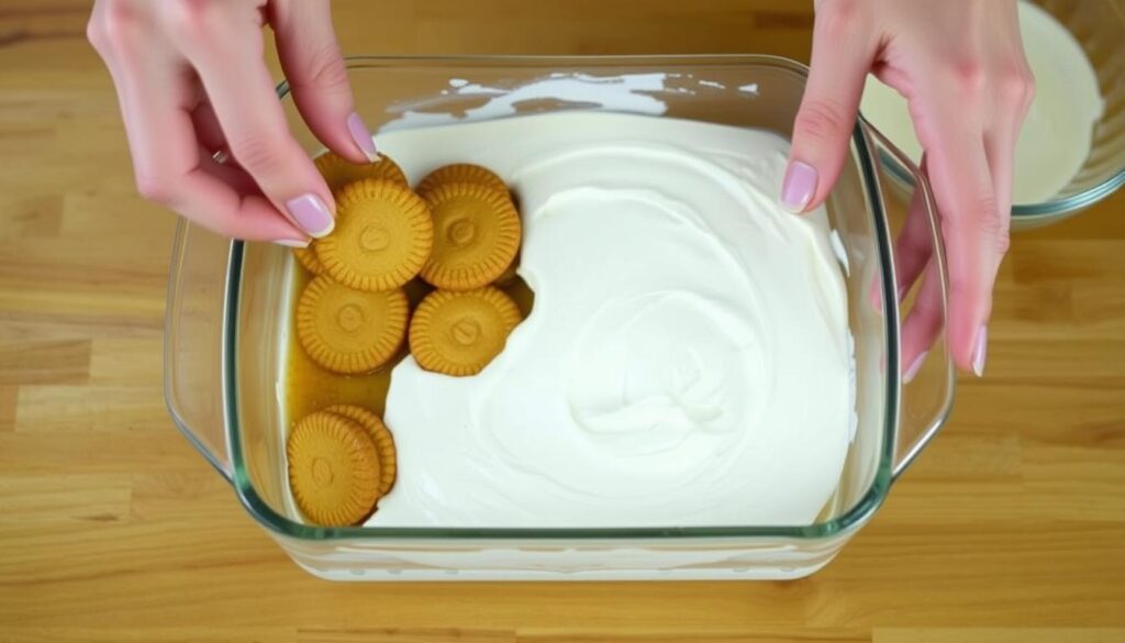 Montage des couches de tiramisu speculoos mascarpone dans un plat