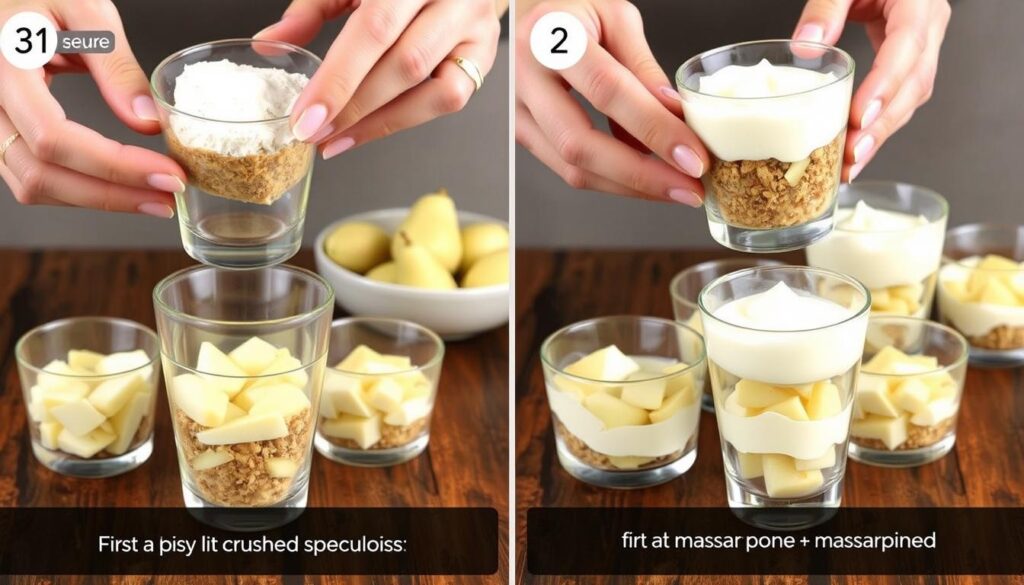 Montage des couches du tiramisu poire speculoos dans des verrines