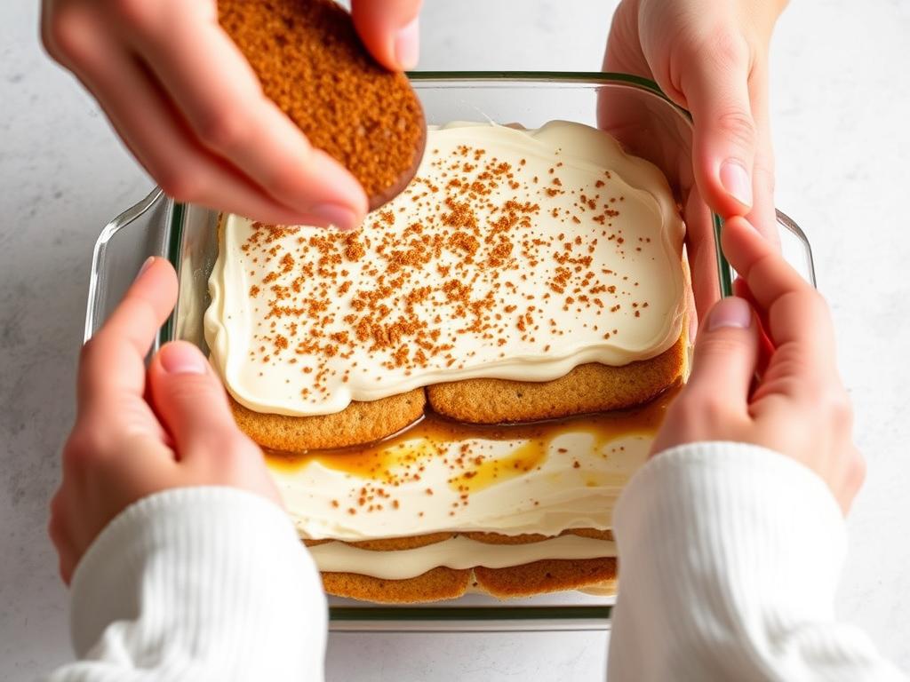 Montage du tiramisu aux speculoos en couches alternées Montage du tiramisu aux speculoos en couches alternées