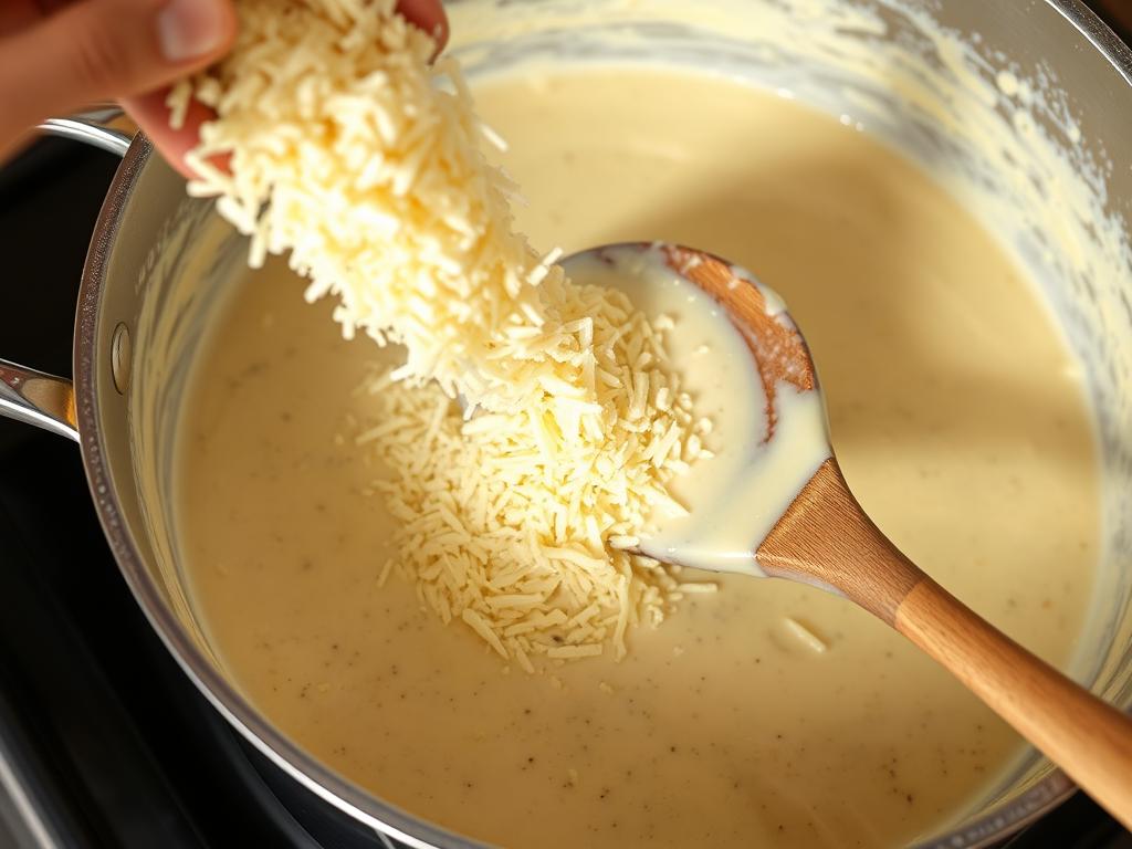 Parmesan râpé ajouté à la sauce crémeuse à l'ail