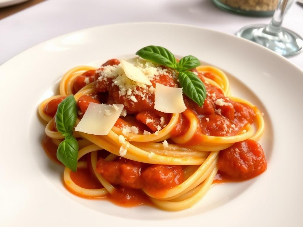 Pâtes servies avec de la sauce à la poivronnade et du parmesan