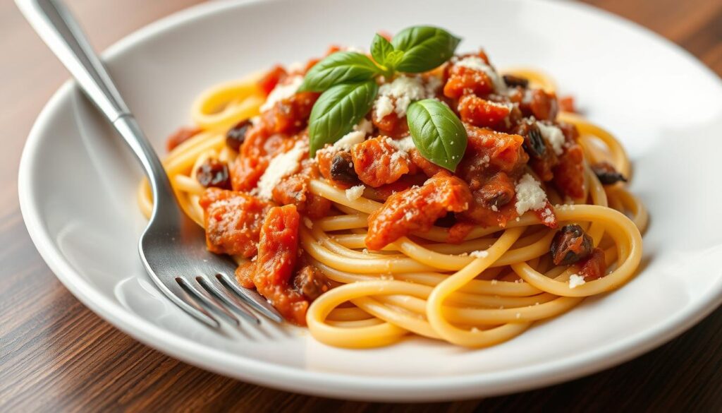 Pâtes servies avec la sauce aux tomates séchées et du parmesan