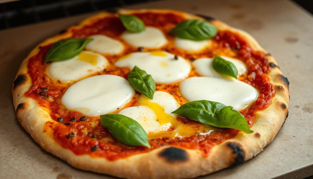Pizza avec sauce aux tomates séchées, mozzarella et basilic