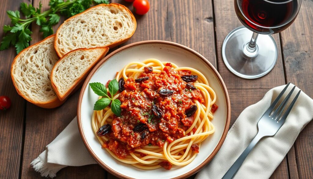 Plat de pâtes avec sauce aux tomates séchées servi avec du pain à l'ail et un verre de vin rouge