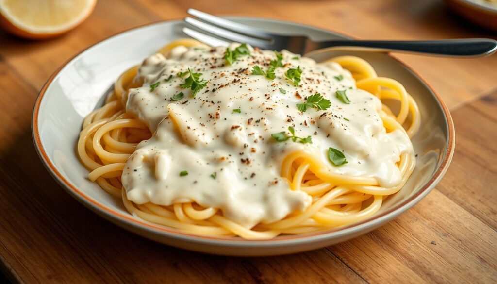 Plat de pâtes nappées de sauce au fromage râpé