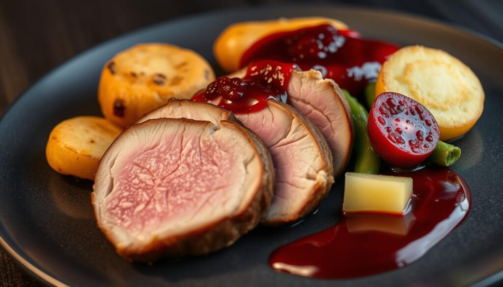 Plat final avec sauce aux fruits rouges