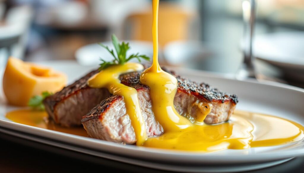 Plat gastronomique avec sauce à la moutarde de Dijon
