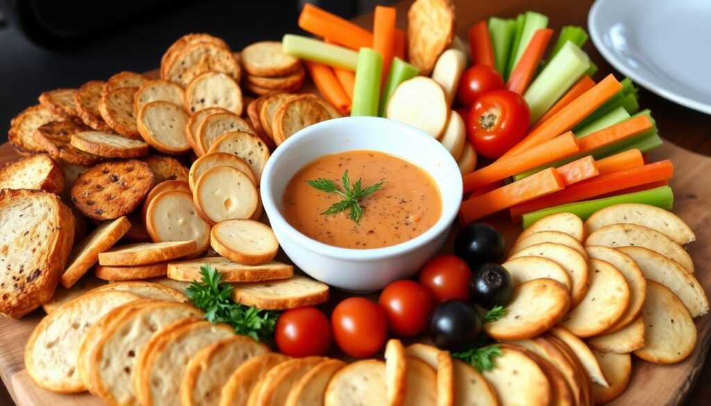 Plateau d'apéritif avec sauce à la poivronnade et crudités