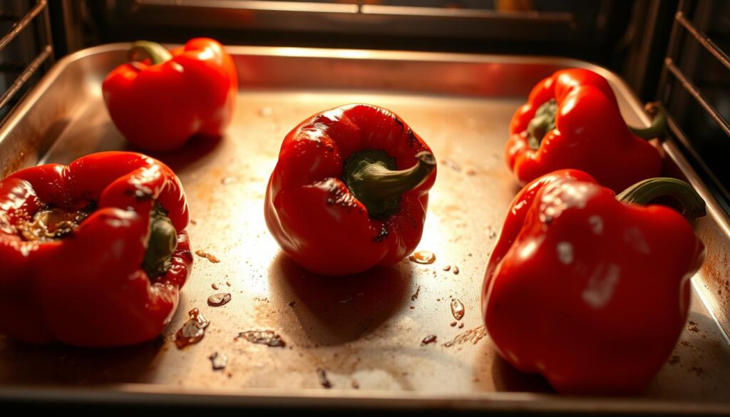 Poivrons en train de rôtir au four pour la sauce à la poivronnade