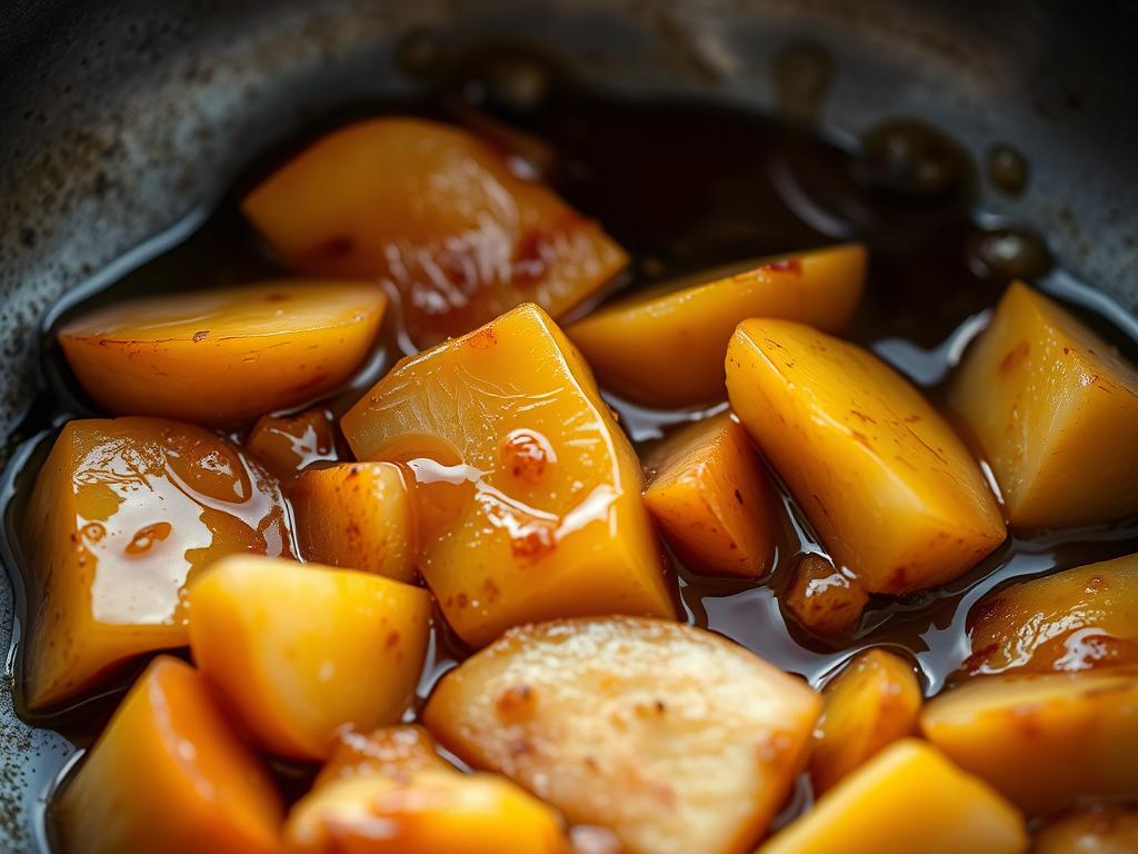 Pommes caramélisées dans une poêle avec du miel et de la cannelle