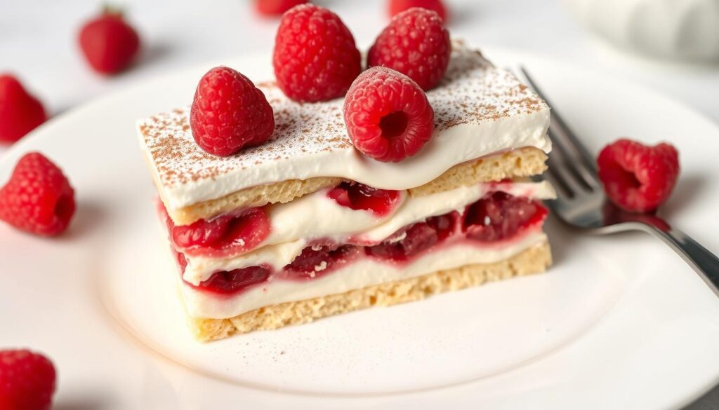 Portion de tiramisu framboise servie dans une assiette