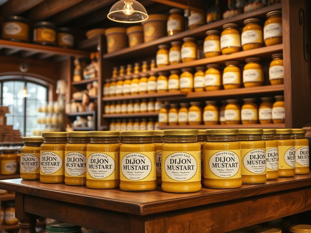 Pots traditionnels de moutarde de Dijon dans une boutique à Dijon