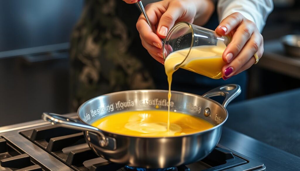 Préparation de la sauce à la moutarde de Dijon dans une casserole