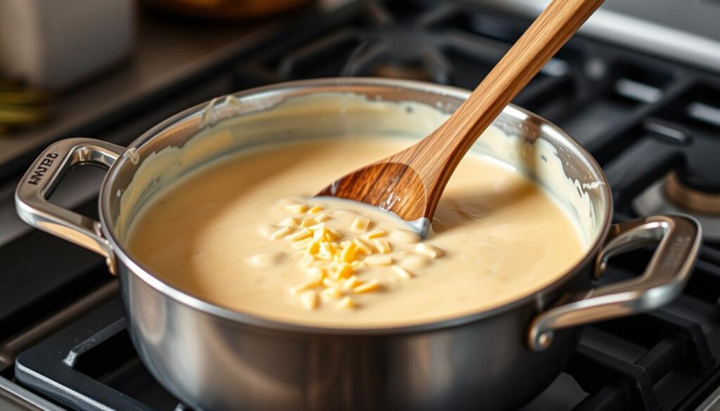 Préparation de la sauce au fromage râpé dans une casserole