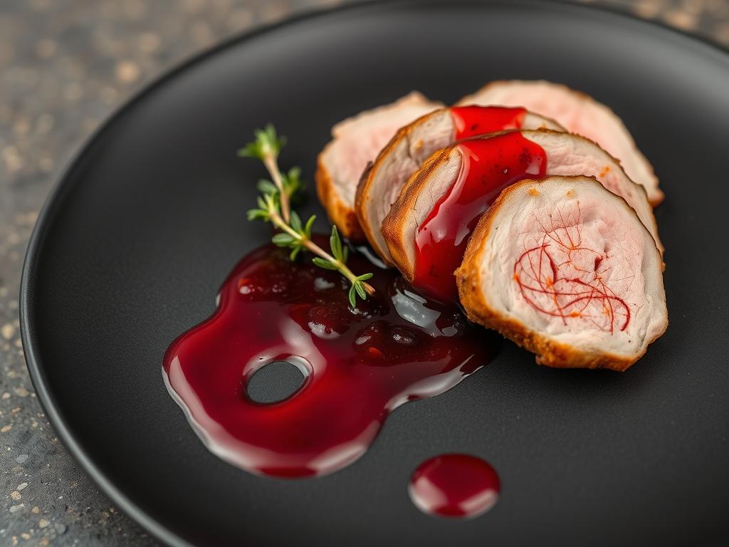 Présentation de magret de canard avec sauce aux fruits rouges