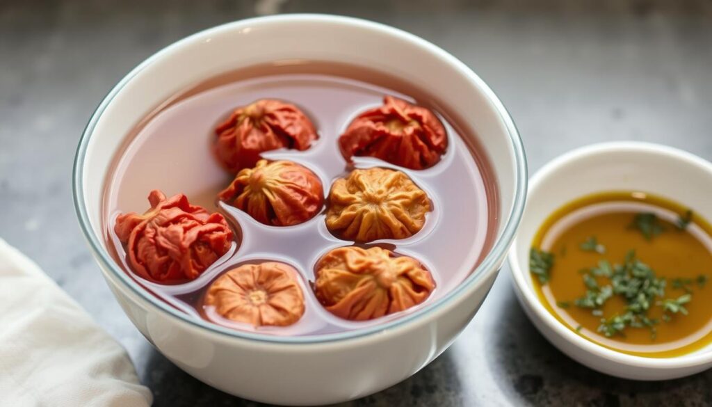 Processus de réhydratation des tomates séchées dans un bol d'eau chaude