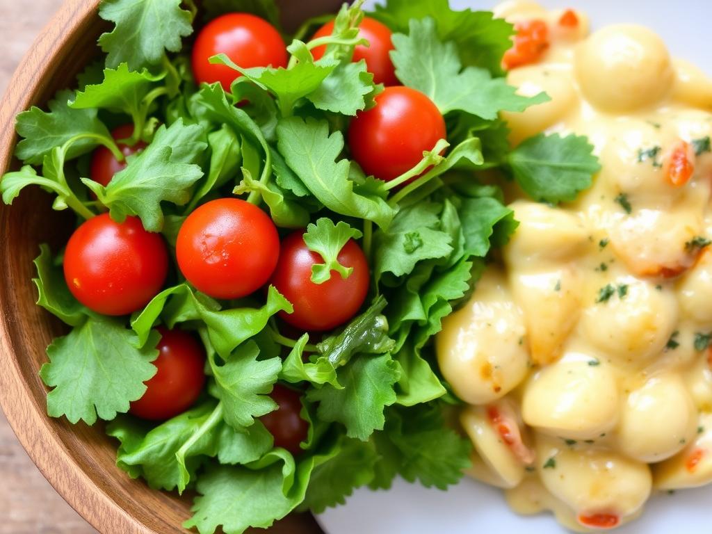 Salade verte fraîche accompagnant un gratin de gnocchi crème