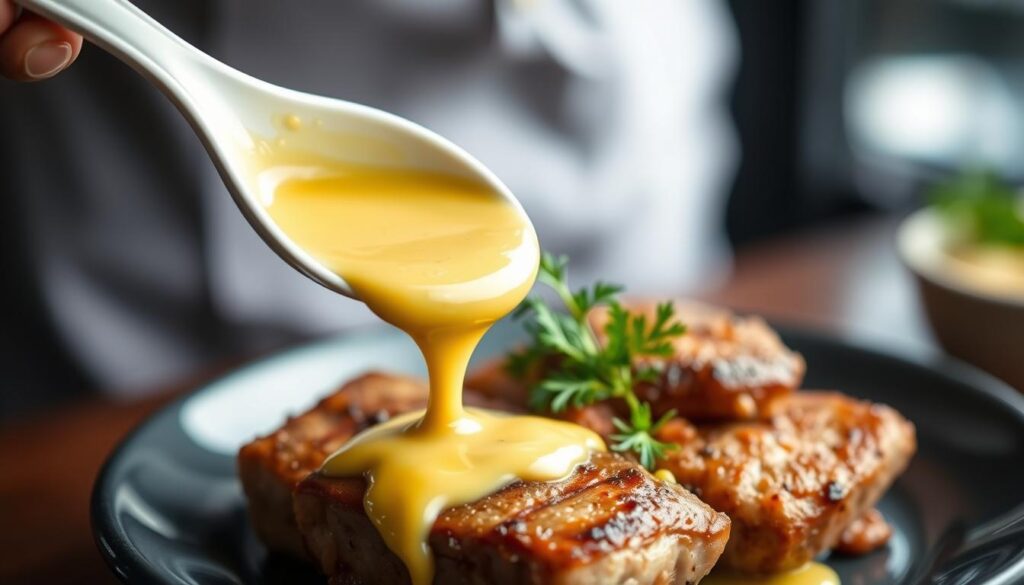 Sauce à la moutarde de Dijon crémeuse versée sur un plat de viande