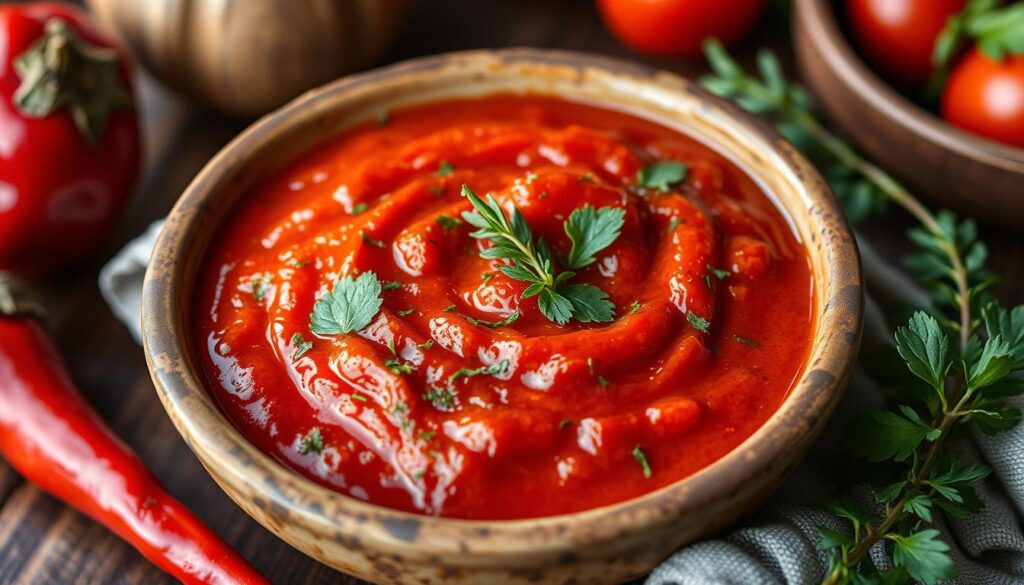 Sauce à la poivronnade dans un bol avec des herbes fraîches
