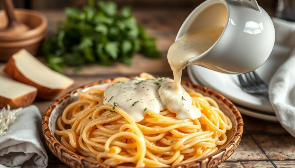 Sauce au fromage de brebis crémeuse versée sur des pâtes